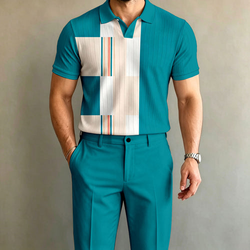 Men's Multi-Color Blocked Short-Sleeve Polo Shirt and Long Pants Set