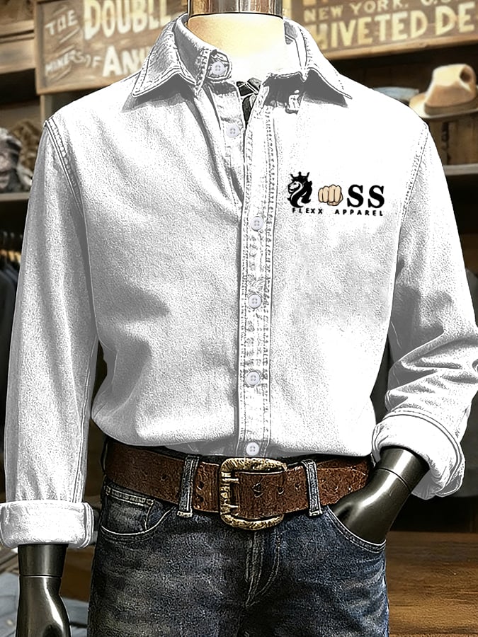 Men's Retro Letter Design Printed Long Sleeve Casual Shirt