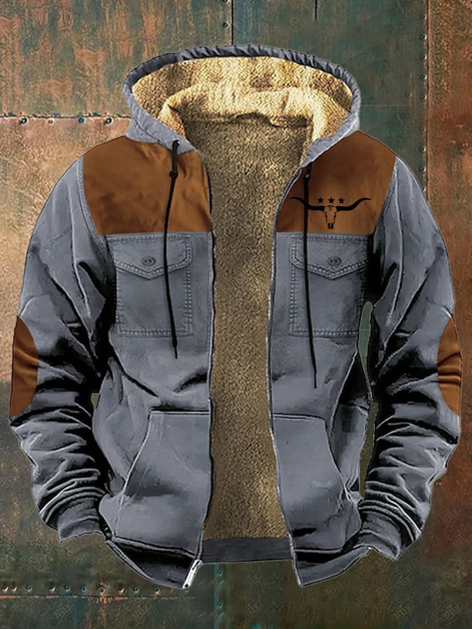 Men's Vintage Western Print Arctic Fleece Zip-Up Jacket