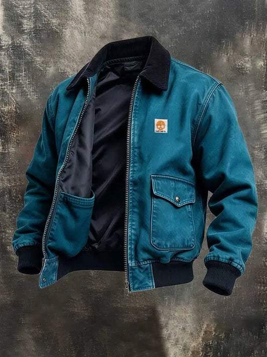 Men'S Retro Color-Block Corduroy Zip-Up Jacket With Contrast Paneling