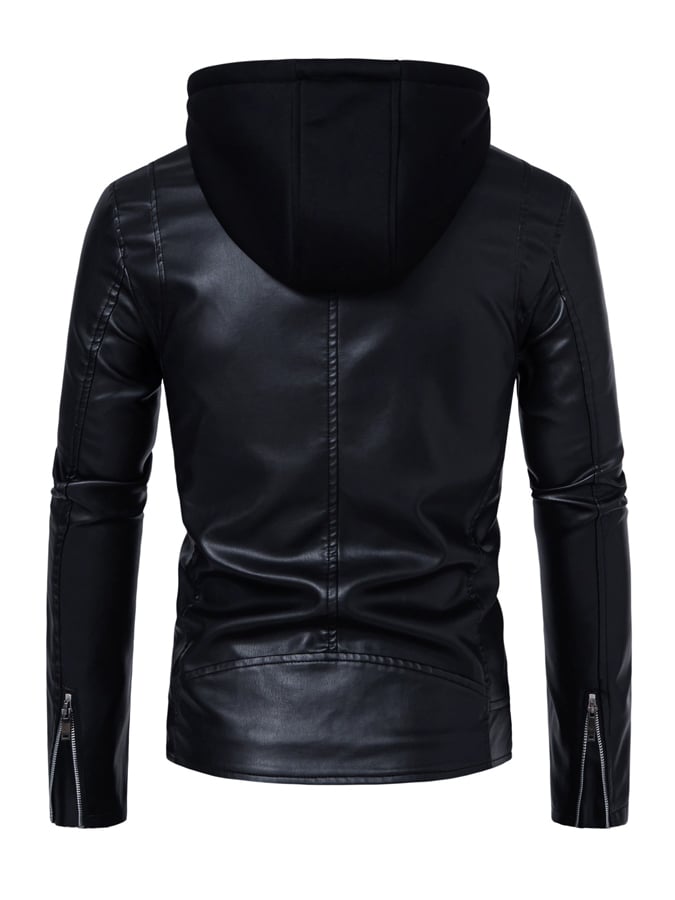 Men's Hooded Lapel Casual Racing Leather Jacket (Removable Hood)