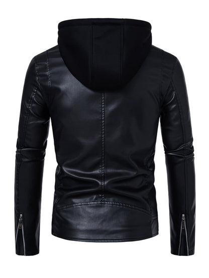 Men's Hooded Lapel Casual Racing Leather Jacket (Removable Hood)