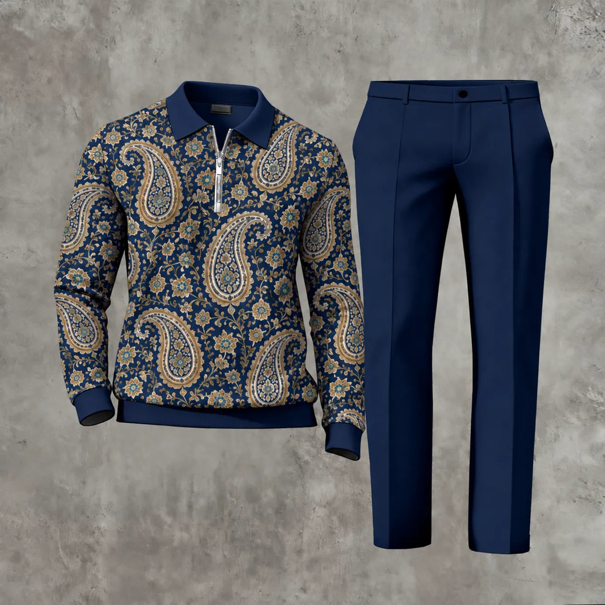 Men's Printed Zipper Polo Shirt and Pants Set