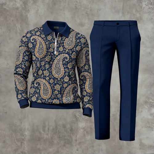 Men's Printed Zipper Polo Shirt and Pants Set
