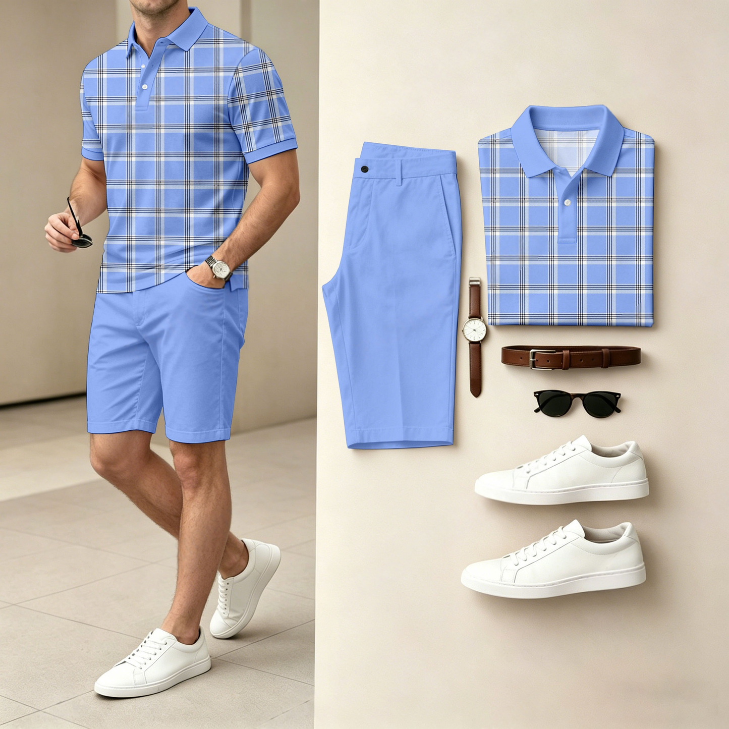 Men's Casual Checkered Print Polo Shirt And Shorts Two-Piece Set (Does Not Include Watch, Belt, Or Accessories)