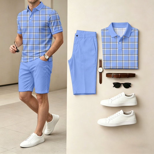 Men's Casual Checkered Print Polo Shirt And Shorts Two-Piece Set (Does Not Include Watch, Belt, Or Accessories)