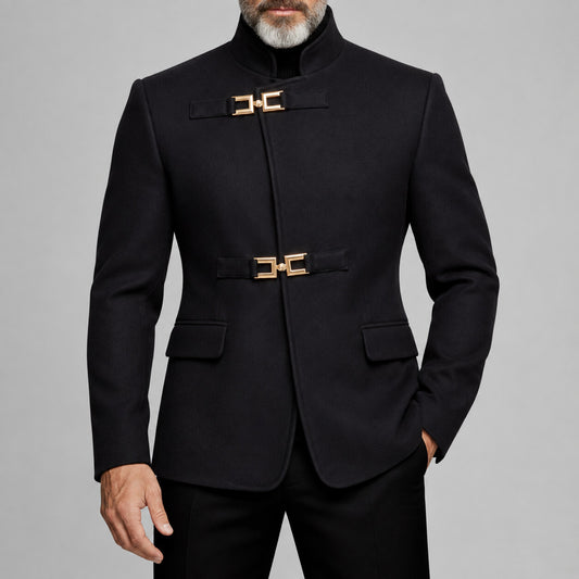 Men's Black Stand Collar Gold Metal Buckle Slim Fit Semi Formal Jacket
