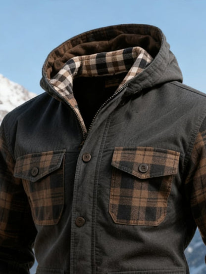 Men's Windproof, Warm And Cold-Resistant Checkered Patchwork Color-Blocking Hooded Jacket