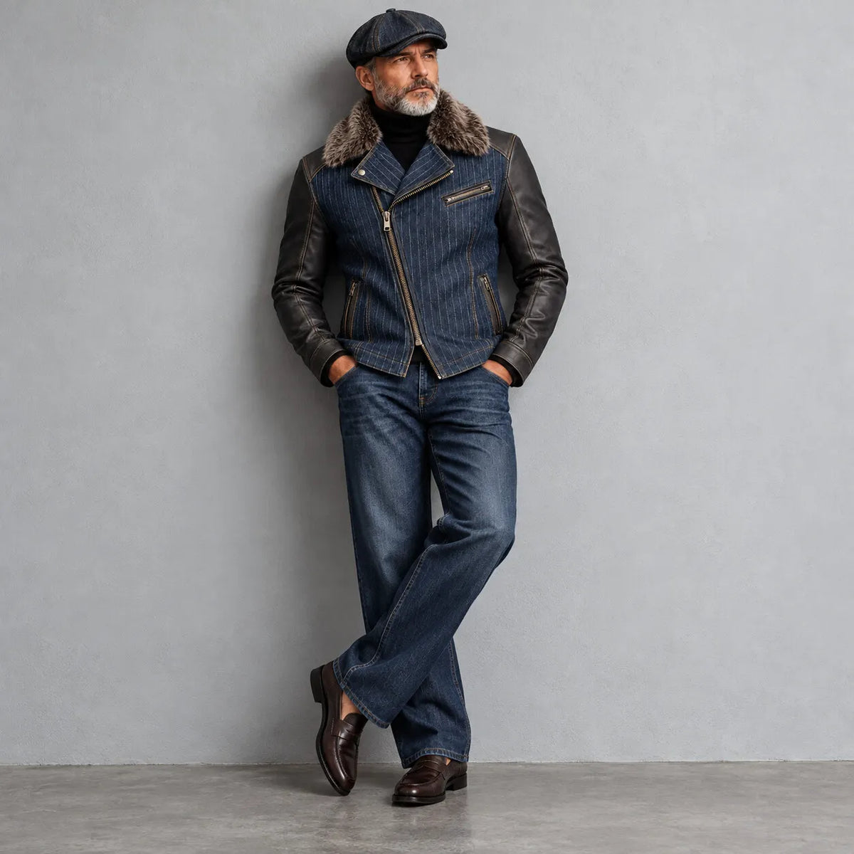 Men's Navy Blue Denim Pinstripe Print Fuzzy Collar PU Leather Long Sleeve Asymmetric Zipper Jacket