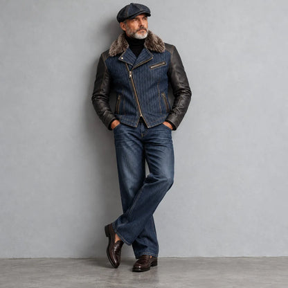 Men's Navy Blue Denim Pinstripe Print Fuzzy Collar PU Leather Long Sleeve Asymmetric Zipper Jacket