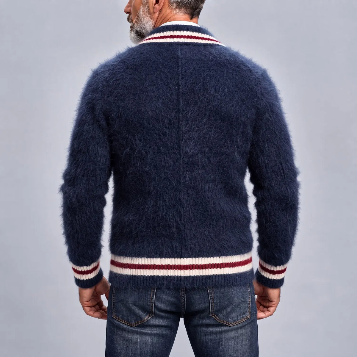 Men's Navy Blue Notch Lapel Double Breasted Contrast Stripes Knit Fuzzy Texture Blazer