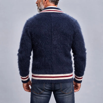 Men's Navy Blue Notch Lapel Double Breasted Contrast Stripes Knit Fuzzy Texture Blazer
