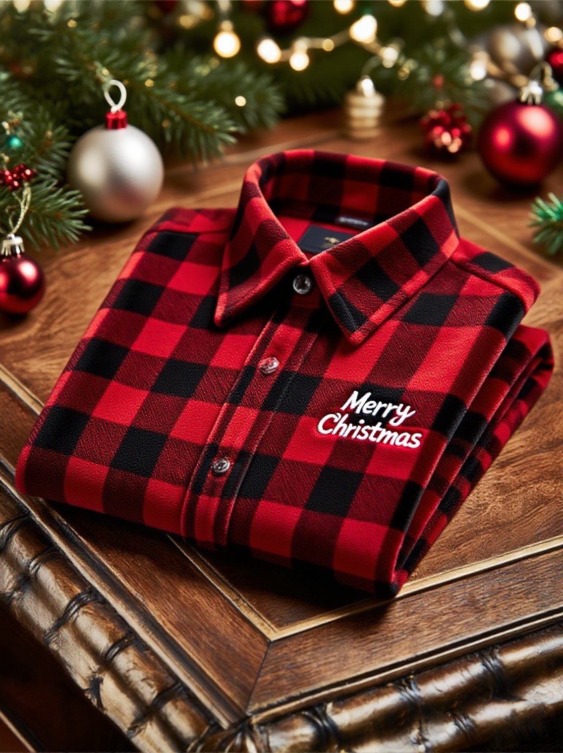 Men's Velvet Plaid Christmas Logo Casual Long Sleeve Shirt
