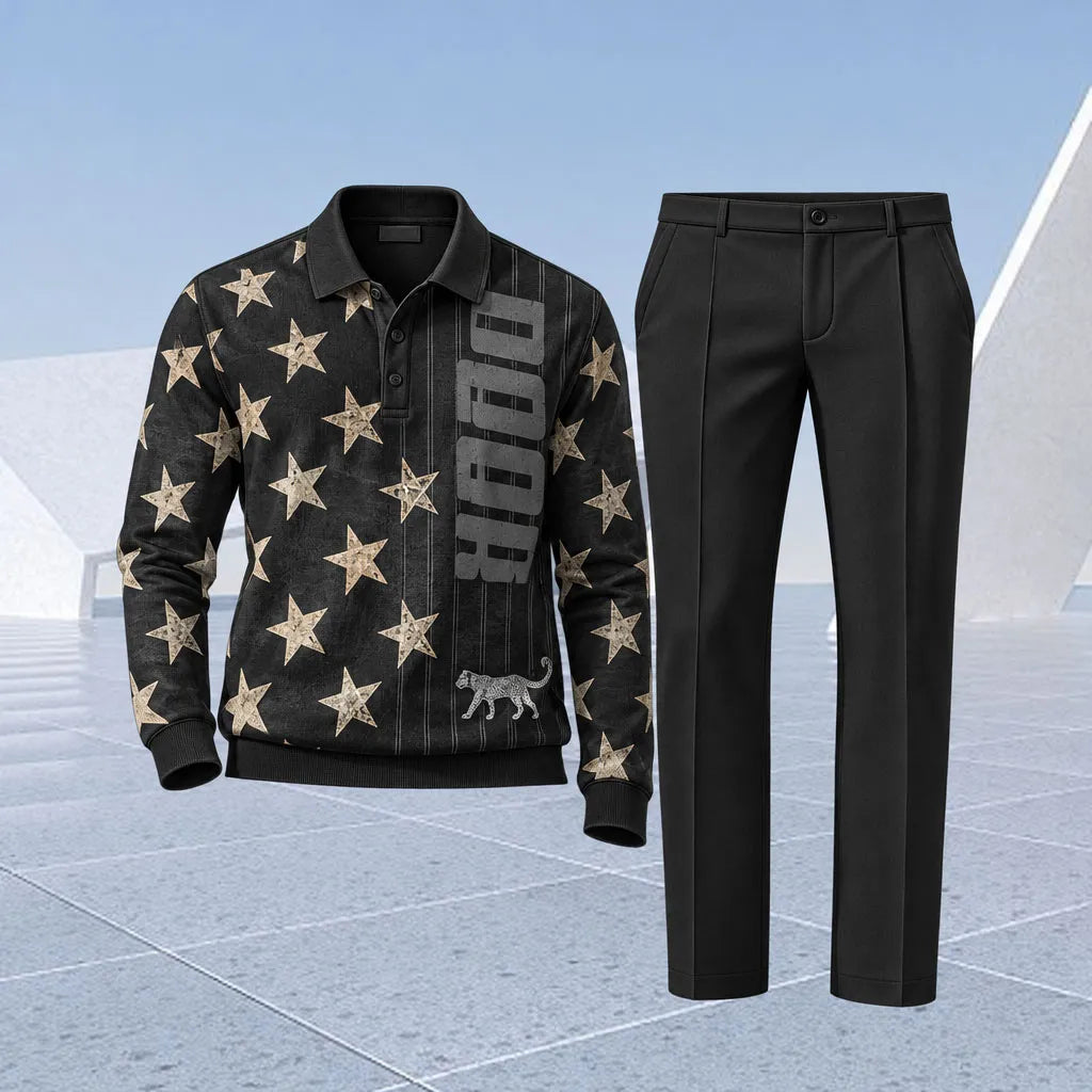 Men's “Stars” Polo Shirt and Pants Two-Piece Set