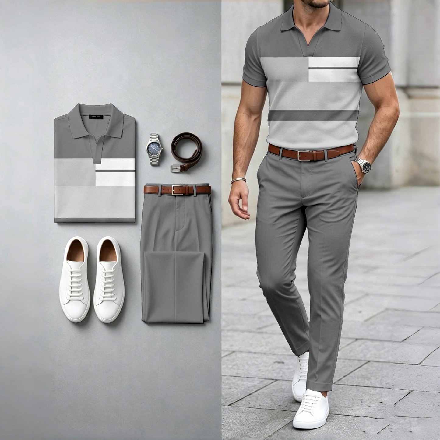 Men's Casual Color-Blocked Print Short-Sleeve Polo Shirt And Pants Two-Piece Set (Watch And Belt Not Included)