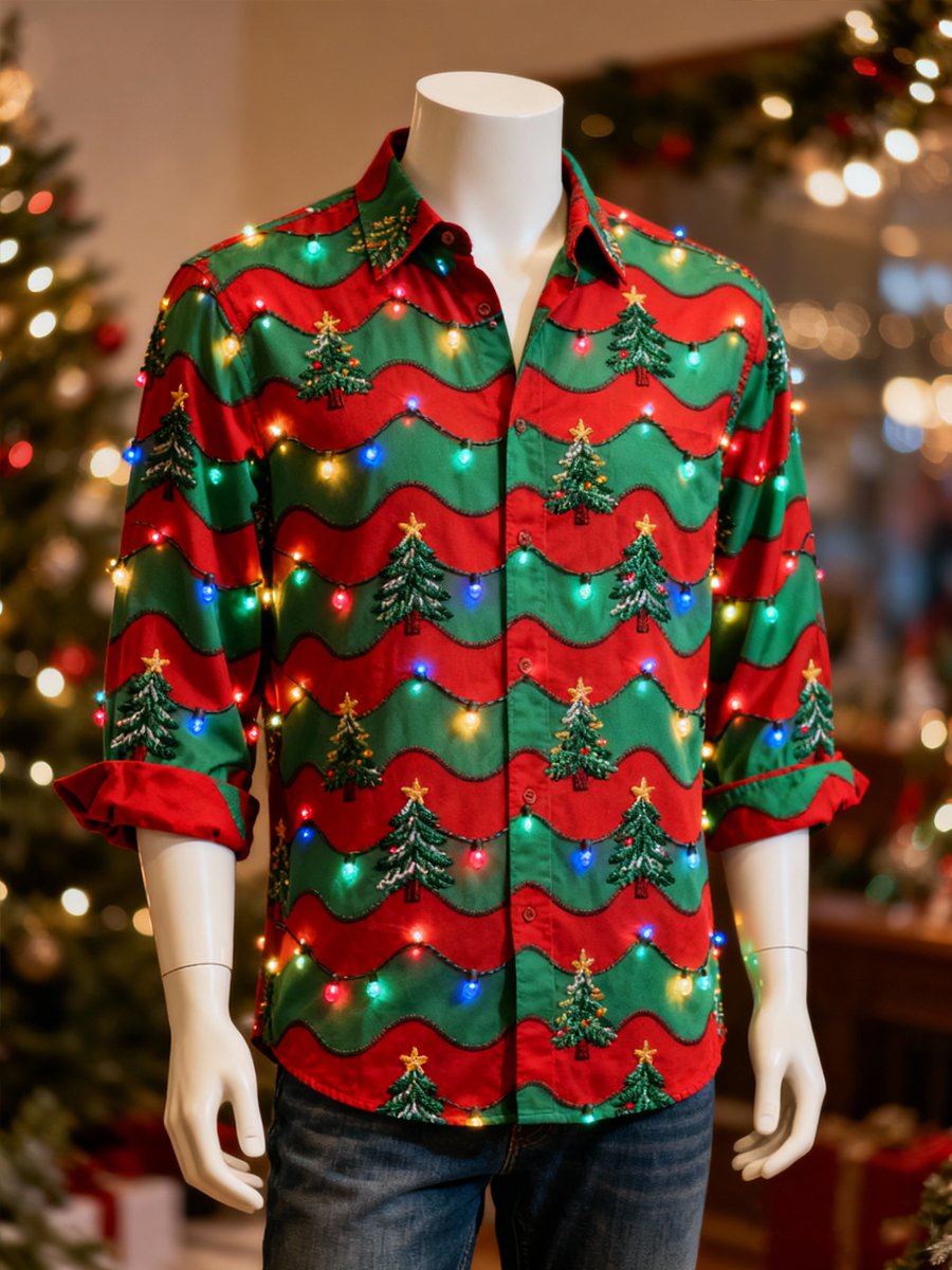 Men's Christmas Striped Evergreen Long-Sleeve Shirt