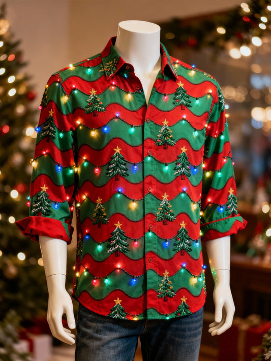 Men's Christmas Striped Evergreen Long-Sleeve Shirt