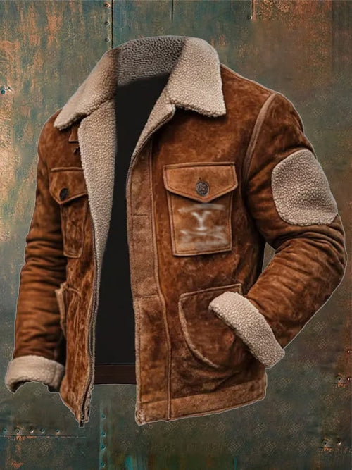 Men's Vintage Suede Patchwork Lamb Fleece Multi-Pocket Reverse Collar Outdoor Jacket