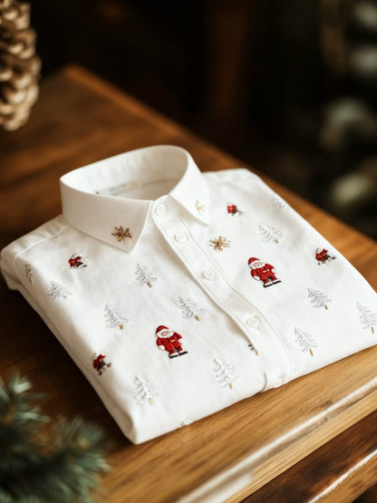 Men's Business Luxury Christmas Evergreen Pine and Santa Claus Print Long Sleeve Shirt