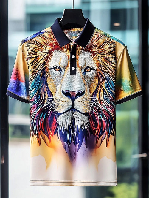 Men's Business Casual Lion Print Button Short Sleeve Polo Shirt