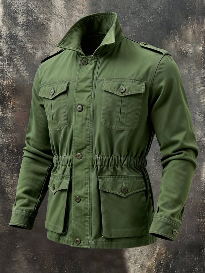 Men'S Vintage Washed Cotton Utility Jacket With Waist-Cinching Detail