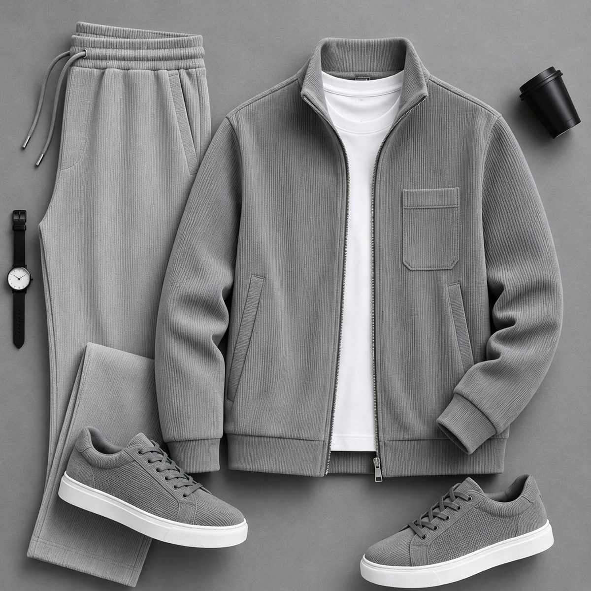 Men's Solid-Color Zipper Hoodie and Pants Set