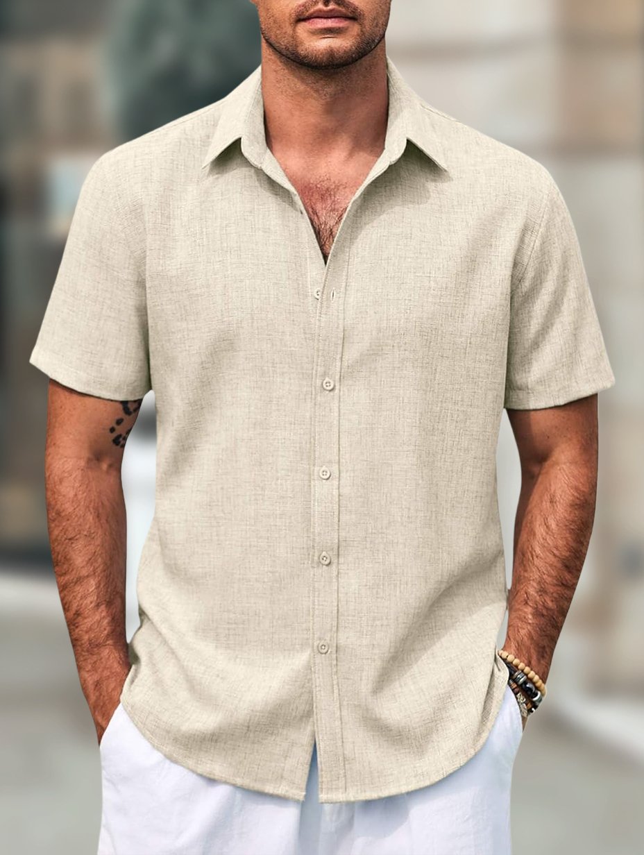 Men's Retro Casual Short Sleeve Faux Linen Lapel Shirt
