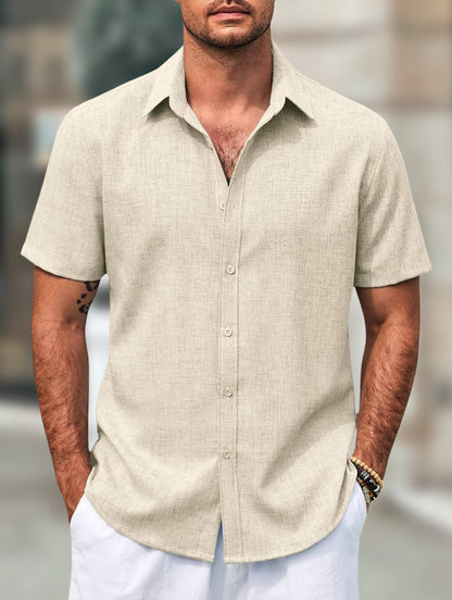Men's Retro Casual Short Sleeve Faux Linen Lapel Shirt