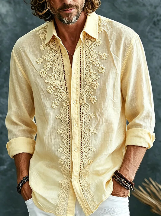 Men's Retro Vocation Yellow Floral  Embroidered Art Print Flowy Linen Blend Long Sleeve Shirt