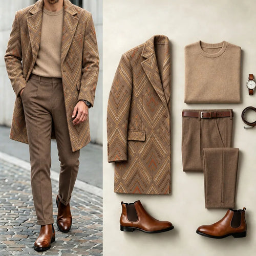 Men's Brown Zigzag-Print Suit Set: Jacket, Knit Sweater, and Pants