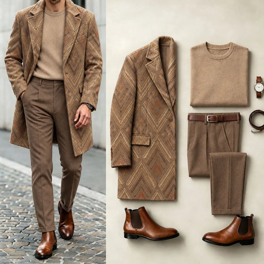 Men's Brown Zigzag-Print Suit Set: Jacket, Knit Sweater, and Pants