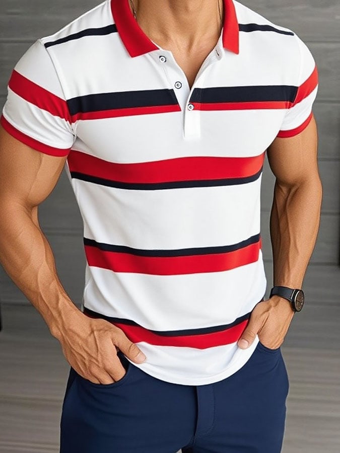 Men'S Casual Classic Striped Print Business Short-Sleeved Polo Shirt