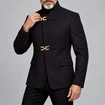 Men's Black Stand Collar Gold Metal Buckle Slim Fit Semi Formal Jacket
