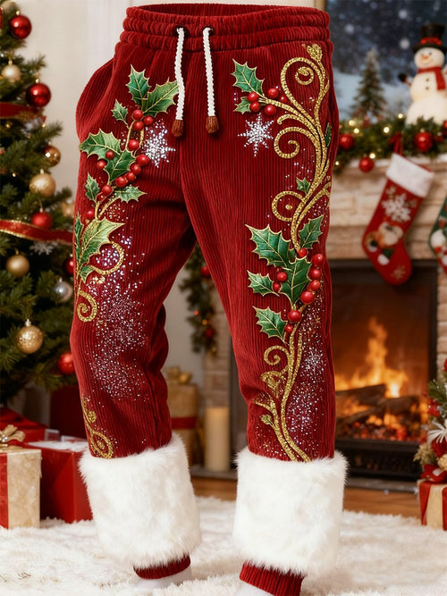Men's Corduroy Christmas Holly Plush Trousers