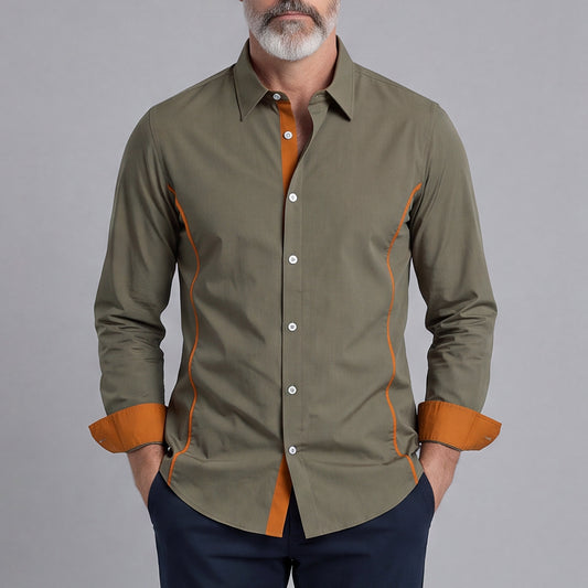 Men's Color-Blocked V-Neck Long-Sleeve Shirt