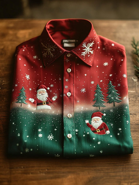 Men's Business Vintage Santa Claus Print Long Sleeve Shirt