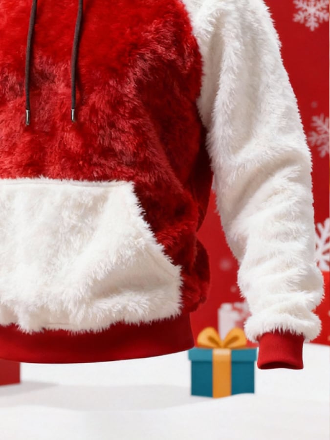 Men's Warm Plush Stitching Contrast Color Christmas Hooded Sweatshirt