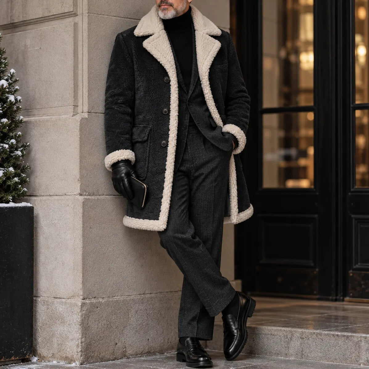 Men's Solid Color Lapel Collar Single Breasted Flap Pockets Sherpa Lined Trench Coat