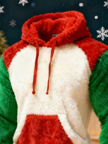Men'S Plush Warm Color-Blocked Christmas Hooded Sweatshirt