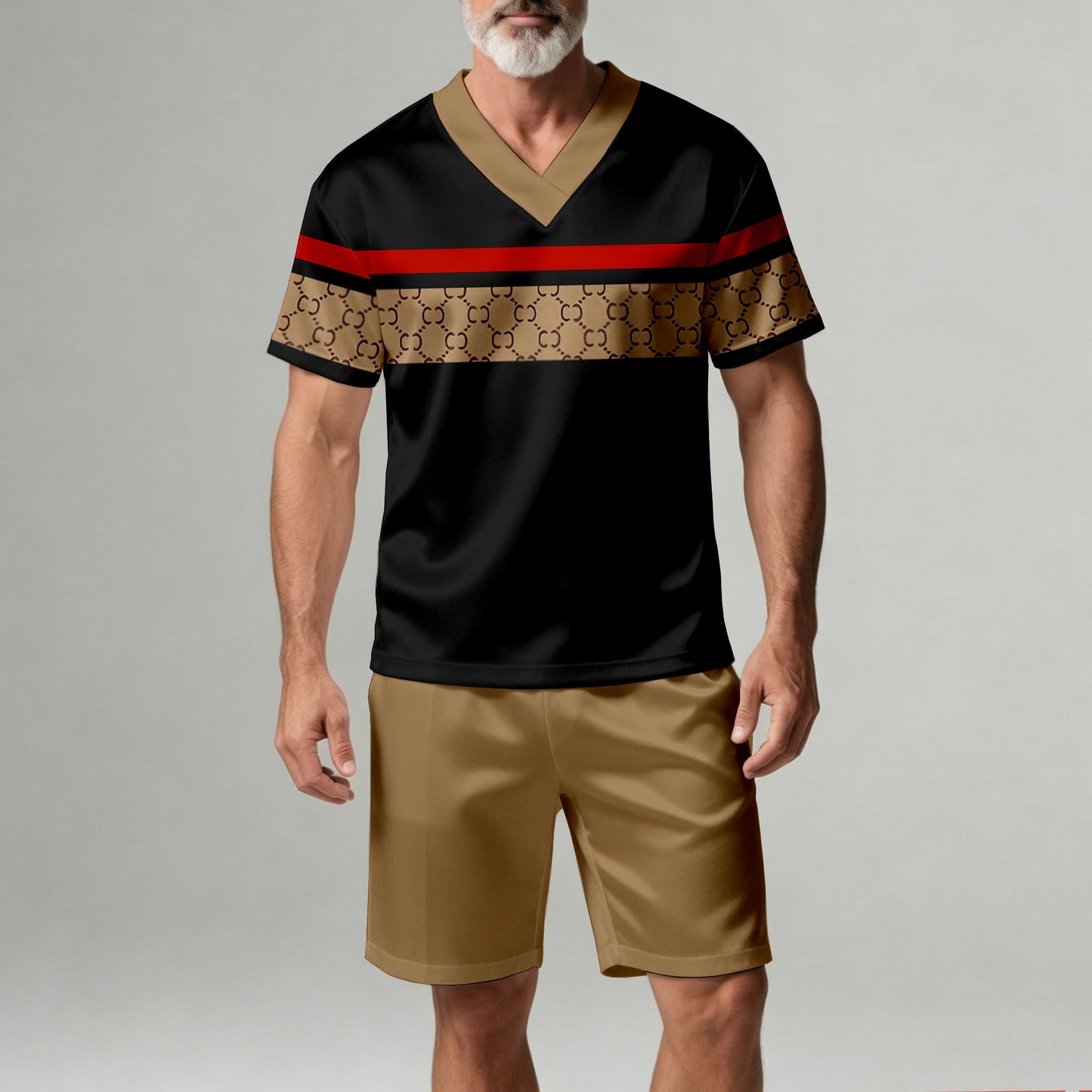Men's Casual Geometric Print V-Neck Short-Sleeve T-Shirt And Shorts Two-Piece Set
