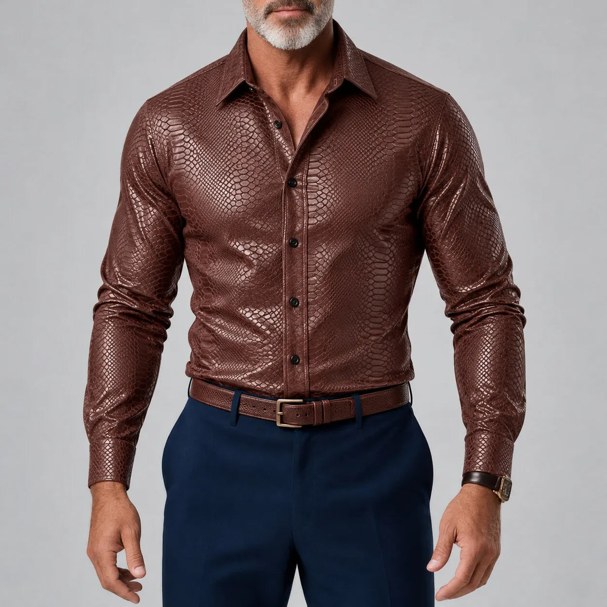 Men's Vintage Coffee Snakeskin Pattern Button-Up Slim Fit Glossy Long Sleeve Shirt