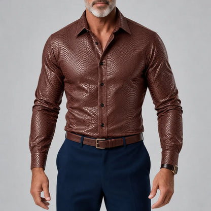 Men's Vintage Coffee Snakeskin Pattern Button-Up Slim Fit Glossy Long Sleeve Shirt
