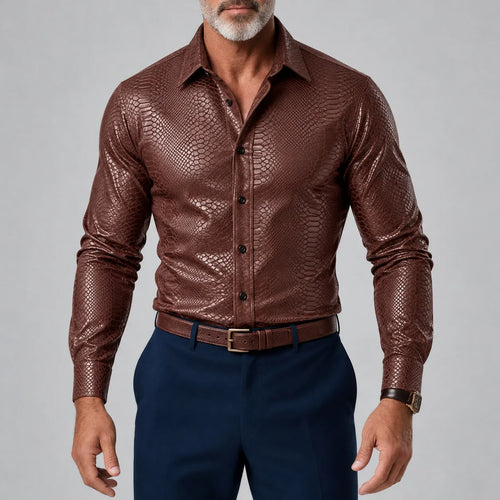 Men's Vintage Coffee Snakeskin Pattern Button-Up Slim Fit Glossy Long Sleeve Shirt