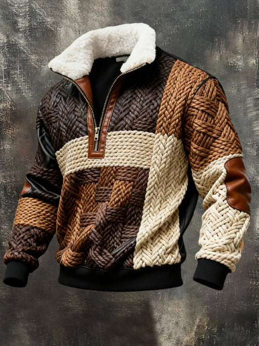 Men's Retro Color Block Print Casual Fur Collar Long Sleeve Sweatshirt