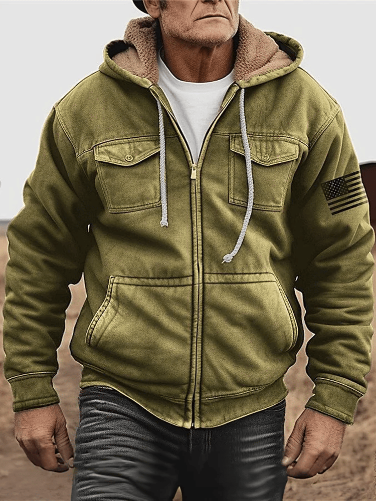 Western Vintage Men's Flag Printed Zipper Hooded Drawstring Jacket