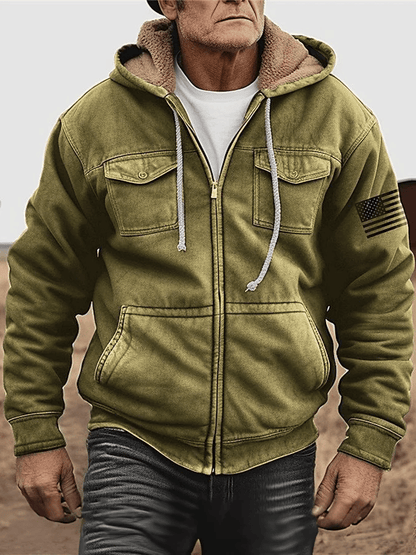 Western Vintage Men's Flag Printed Zipper Hooded Drawstring Jacket