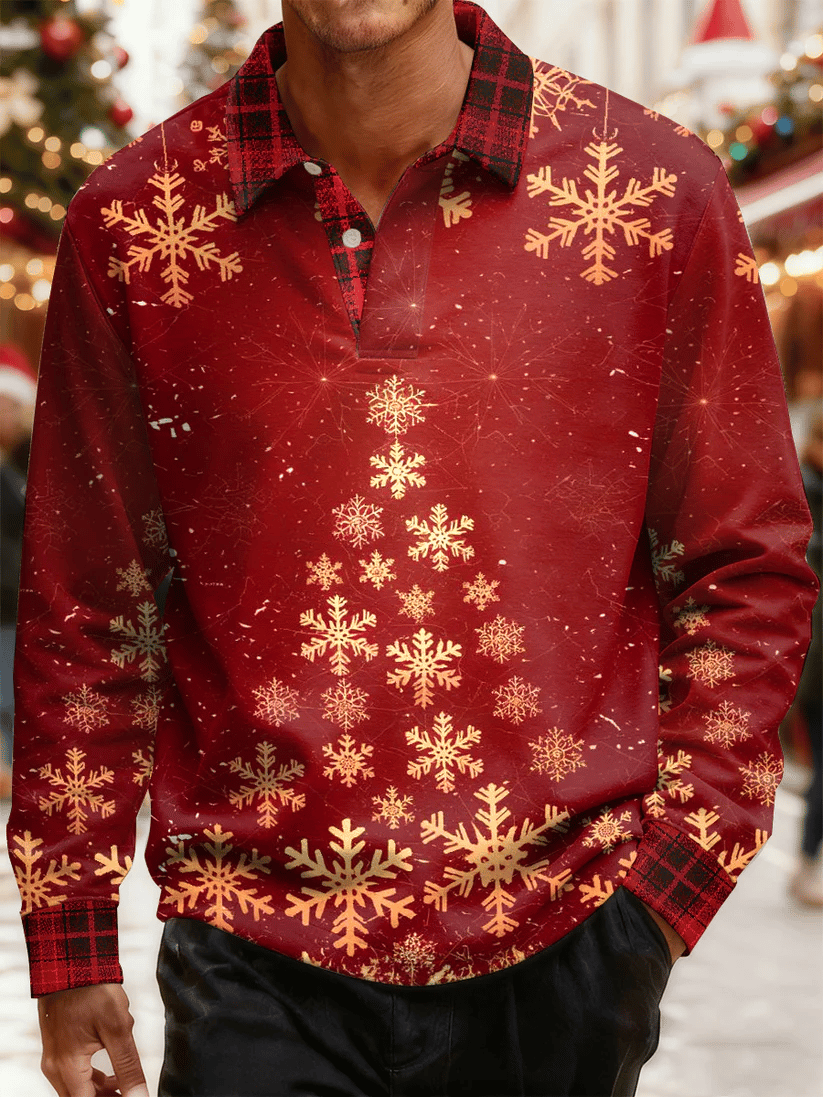 Men's Christmas Print Long-Sleeve Polo Shirt