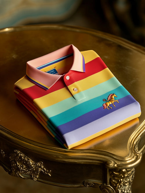 Men's Business Casual Button Rainbow Striped Short Sleeve Polo Shirt