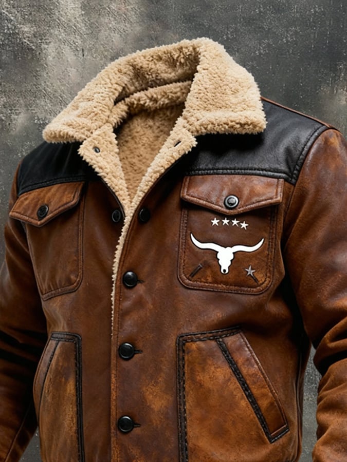 Men'S Vintage Warm Plush Soft Leather Outdoor Jacket