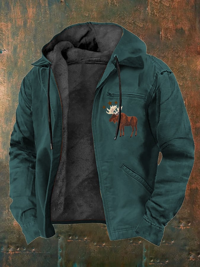 Men's Western Style Vintage Elk Plush Multi-Pocket Jacket